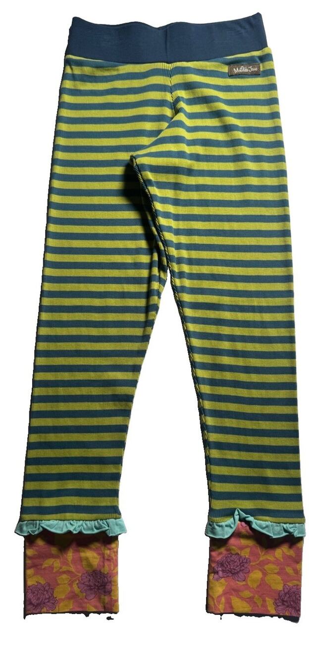 Matilda Jane Girls Size 10 Striped Leggings Floral Cuff Ruffle Blue Green